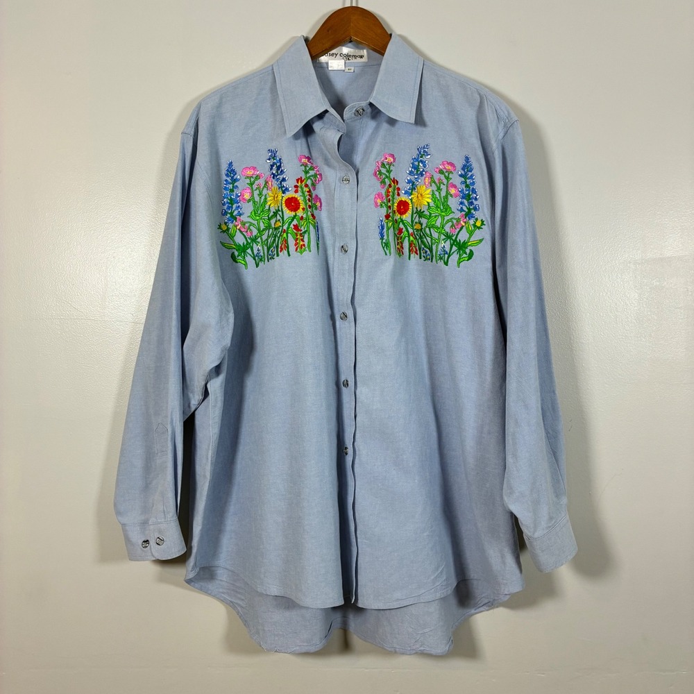 Casey Coleman Shirt XL Floral Embroidered Cotton Boho Cottage Grandma Chic